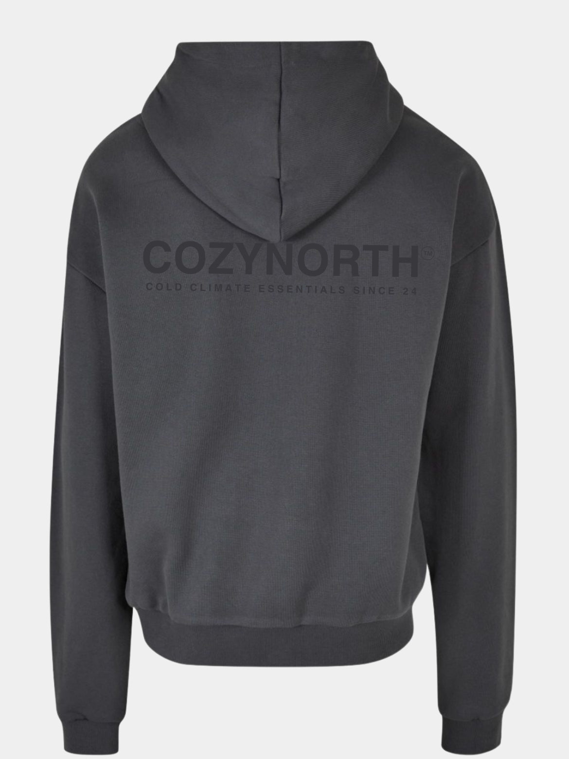Mörkgrå CozyNorth hoodie med minimalistisk broderad logga – perfekt för afterski och freeride
