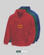 SKI&ROCK Retro Fleece i rött framifrån, med den blå och den gröna fleecen bakom